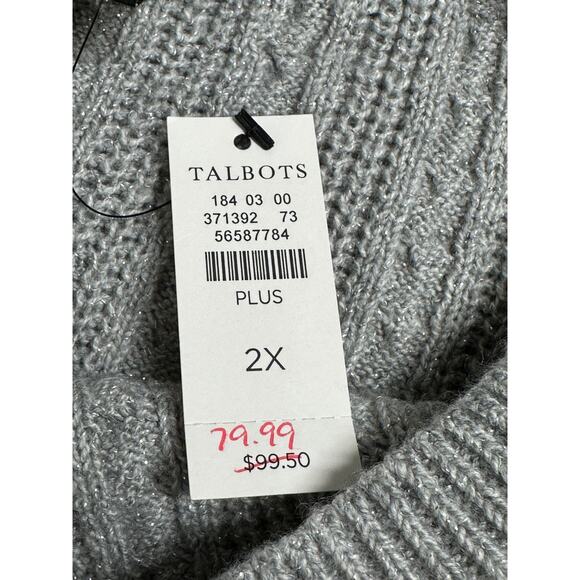 Talbots Sweater Womens 2X Gray Metallic Shimmer Cable Knit Fisherman Minimalist - Picture 7 of 10